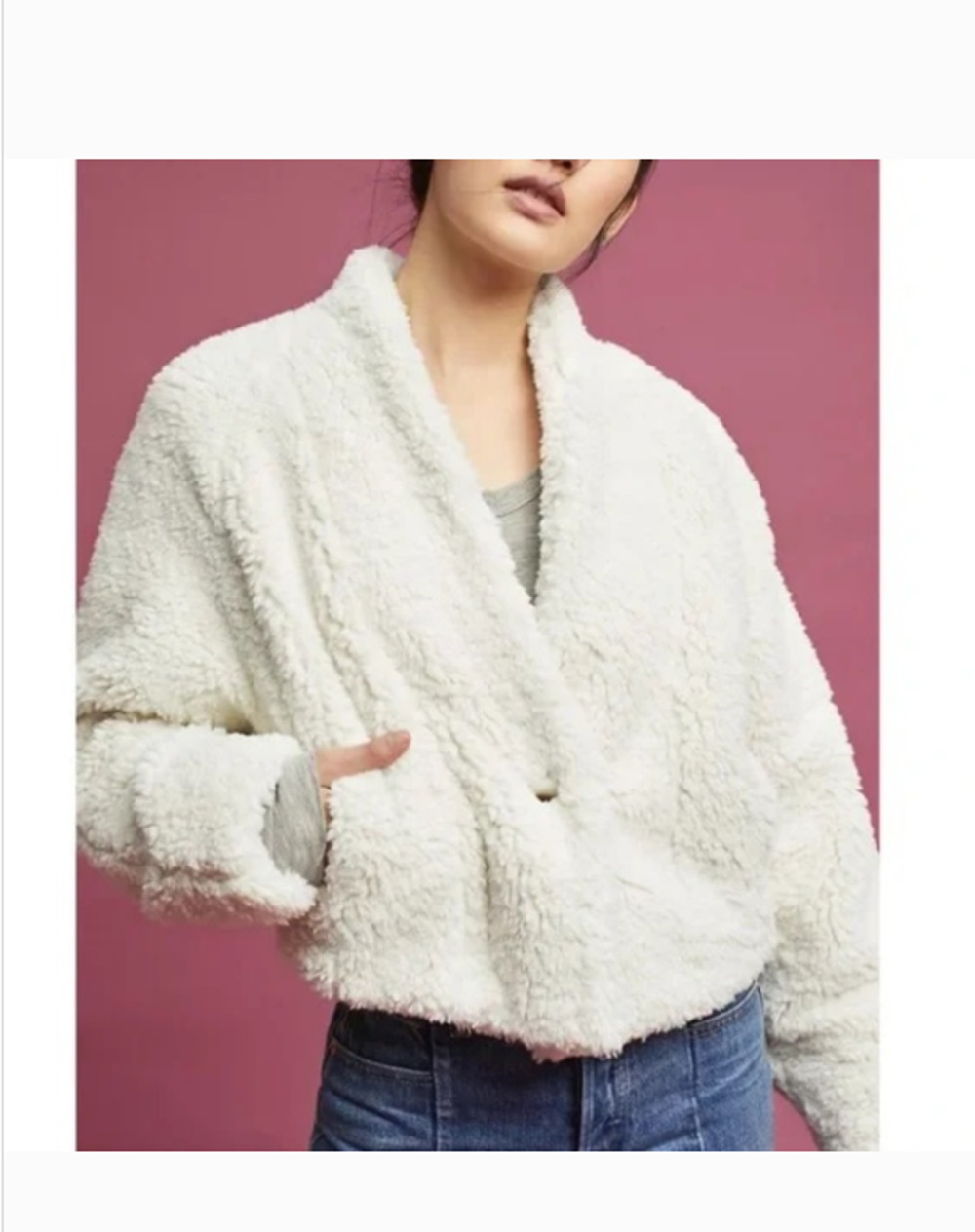 Anthropologie Hei Hei White Sherpa Faux Fur Cropped Jacket Coat Size XS